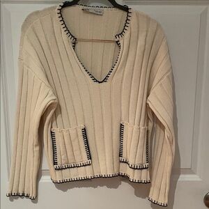 Zara Cream V-Neck Sweater with Black Accents